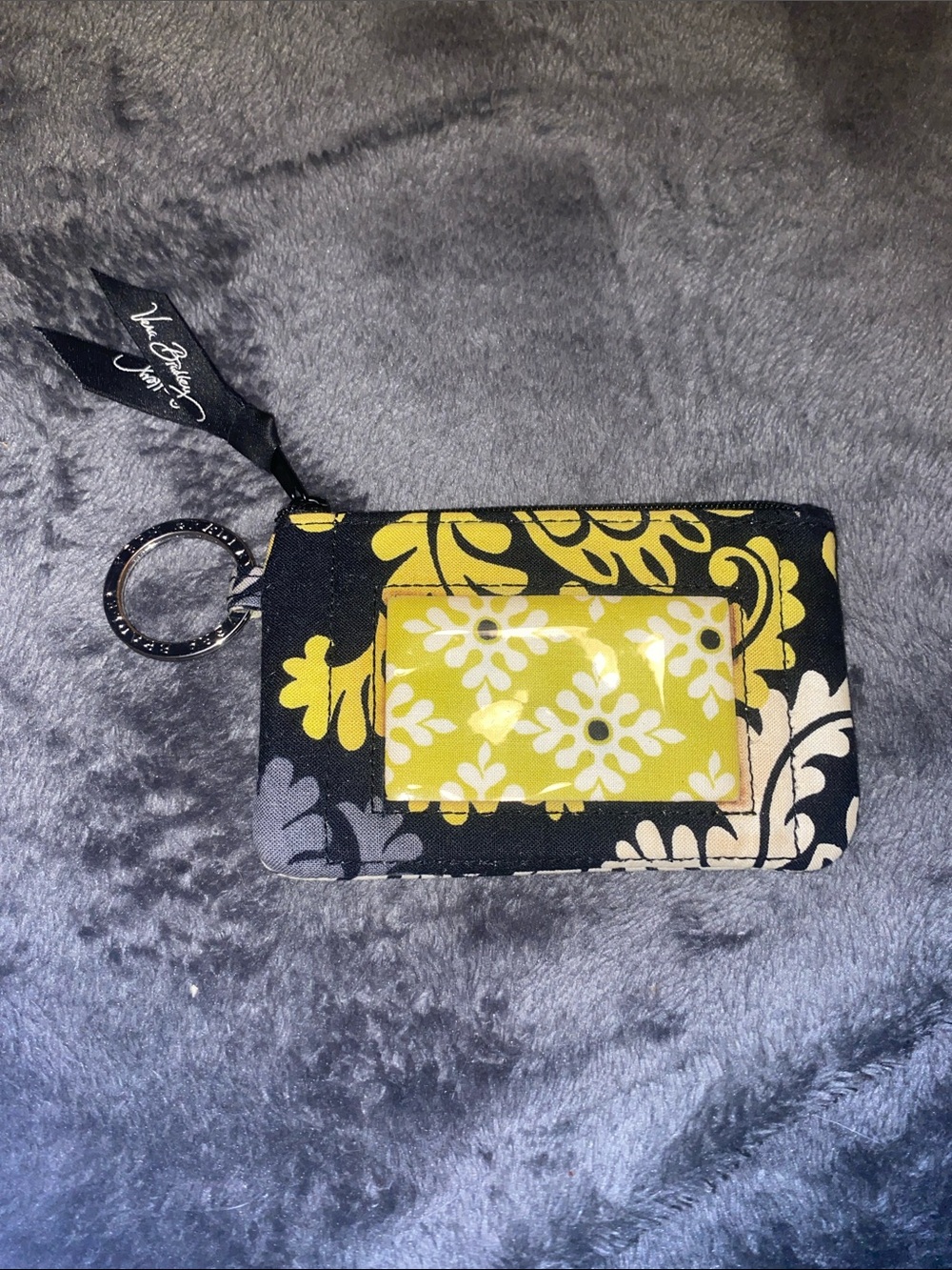 Vera Bradley Black and Yellow Floral Zip ID Case with Key Ring